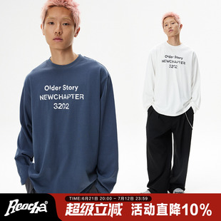 REOCHA熱呈春秋復古標語印花圓領寬松打底上衣國潮情侶長袖 T恤男