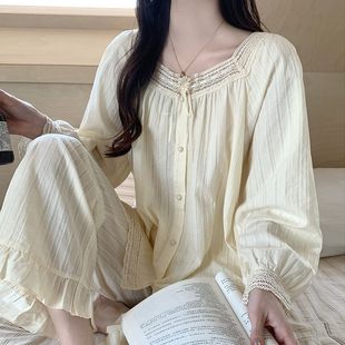 蕾絲花邊公主寬松女士高級感家居服 長褲 韓國睡衣女春夏季 純棉長袖