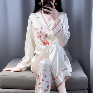 真絲綢甜美高級感套裝 薄款 桑蠶絲長袖 維多利亞印花睡衣女春秋夏季