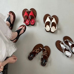 女復古百搭圓頭一字扣羅馬鞋 ALIGUIFEI 夏日套趾人字坡跟厚底涼鞋