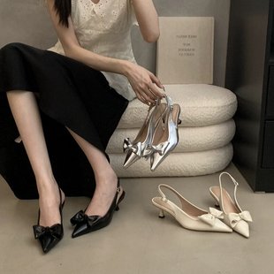 女2025春夏一字帶細(xì)跟淺口單鞋 尖頭蝴蝶結(jié)高跟涼鞋 法式 NUOQILIN