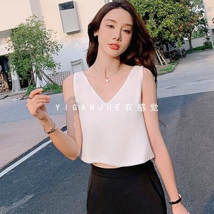 百搭打底衫 雪紡吊帶背心女夏季 寬松顯瘦氣質外穿別致上衣 短款 法式