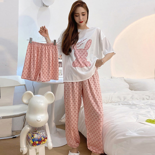 薄款 2025新款 家居服女春夏季 洋氣兔子三件套裝 可外穿冰絲睡衣 時尚