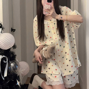 甜美蕾絲花邊彩色愛心兩件套裝 純棉棉紗睡衣女夏季 短袖 公主風薄款