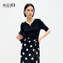 顯瘦2025夏新款 女正肩上衣修身 短袖 水云間黑色水滴領極細毛針織衫
