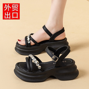 軟底松糕鞋 外貿(mào)法式 仙女風(fēng)水鉆一字帶沙灘鞋 女2025新款 女 絕美涼鞋