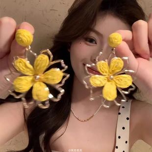 風吹島嶼 度假風編織太陽花朵耳環女高級感耳飾夸張海邊絕美耳釘