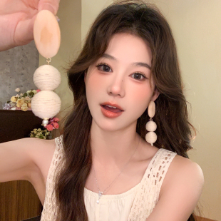 復古度假風小眾耳墜耳飾夏 爆款 木鈴叩風 圓形藤編耳環女2025新款