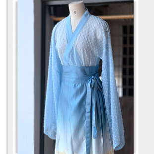 新國風(fēng)漢服 馬面裙 清倉處理古風(fēng)藍(lán)色交領(lǐng)大衫 上衣加半身裙一片式