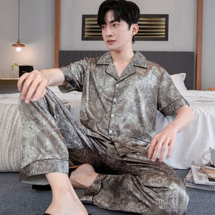 長(zhǎng)褲 睡衣短袖 薄款 冰絲大碼 絲綢家居服兩 現(xiàn)貨2025新款 寬松夏款 男士