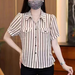 氣質打底衫 中年媽媽條紋T恤2025夏季 女士寬松雪紡衫 打底小衫 新款