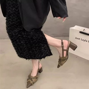 小眾配裙子尖頭后空鉚釘高跟單鞋 粗跟包頭涼鞋 新款 2025年夏季 女鞋