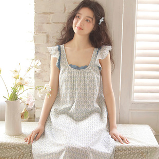 睡裙睡衣全棉家居服套裝 無袖 帶胸墊 純棉雙層紗布日系女士短袖 夏季