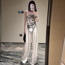 套裝 小眾設計感名媛氣質緞面絲巾抹露肩配高腰顯瘦休閑褲 新款 夏季