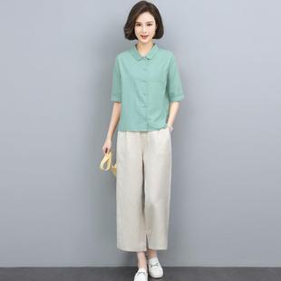 裝 棉麻套裝 搭配整套闊中年媽媽璐8159褲 夏腿裝 亞麻兩件 女年一新款