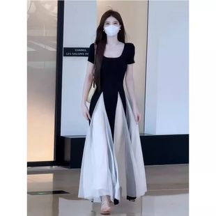 法式 連衣裙女2025夏御姐收腰顯瘦別致大擺長裙 高級感氣質網紗短袖