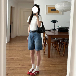 高腰顯瘦小個子5分闊腿中褲 薄款 女2025年夏季 復古藍牛仔五分短褲