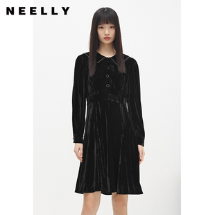 收腰A字裙擺百搭時尚 NEELLY納儷商場同款 黑色絲絨連衣裙女中長款