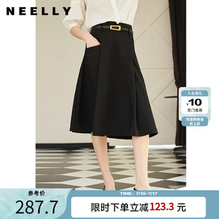 夏季 NEELLY納儷商場同款 氣質半身裙女高腰系帶小黑裙A字裙中長款