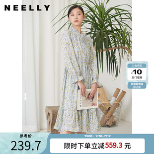 NEELLY納儷甜美木耳邊碎花連衣裙女收腰A字裙中長(zhǎng)裙百搭