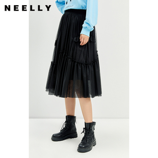 黑色紗裙百搭時(shí)尚 中長(zhǎng)款 A字裙 半身裙款 NEELLY納儷商場(chǎng)同款
