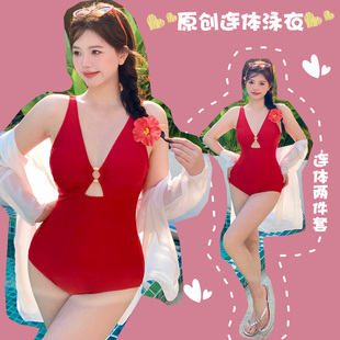 微胖mm顯瘦度假溫泉海邊沙灘 大碼 2025新款 泳衣女連體三角鏤空罩衫