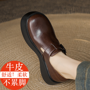 大頭鞋 真皮厚底小皮鞋 增高女鞋 軟底輕便深口鞋 2025年春季 單鞋 新款