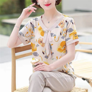 寬松雪紡衫 媽媽夏裝 中老年女人夏天洋氣大碼 上衣2024新款 T恤 短袖