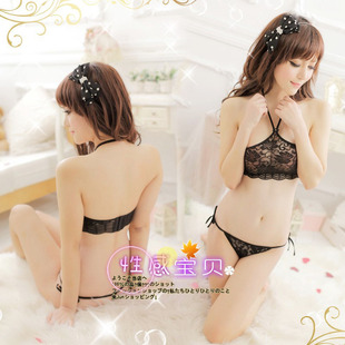性感女士?jī)?nèi)衣透視三點(diǎn)式 ST3967 掛脖蕾絲花邊雙排扣裹胸丁字褲