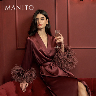 MANITO 曼尼陀Fiesta長袍鴕鳥毛桑蠶絲奢華睡袍真絲睡衣家居服