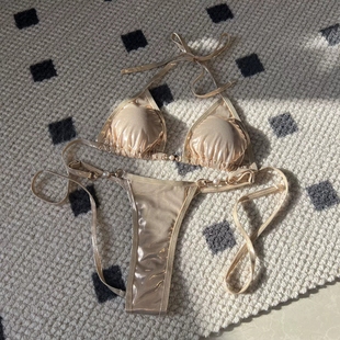 歐美新款 bikini 性感亮面珍珠丁字比基尼溫泉辣妹分體泳衣沙灘泳裝