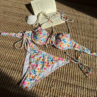 鋼托聚攏三點式 bikini 碎花比基尼歐美系帶分體泳衣沙灘顯瘦泳裝