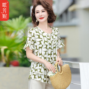 女上衣T恤中老年女裝 洋氣小衫 2025夏裝 套裝 新款 中年媽媽雪紡短袖