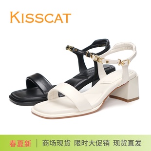 通勤女鞋 KISSCAT接吻貓2025新款 涼鞋 粗跟羊皮中跟一字帶時裝 正品