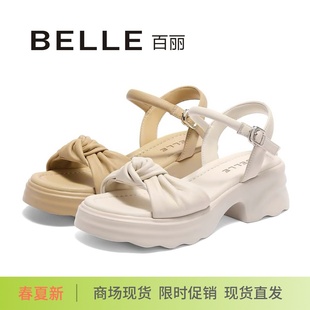 女D6M1D 羊皮舒適一字帶沙灘涼鞋 特價 BELLE百麗2025夏厚底休閑涼鞋