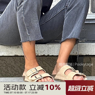 休閑百搭勃肯拖鞋 海外訂單 春夏男女半包頭金屬搭扣軟木時尚