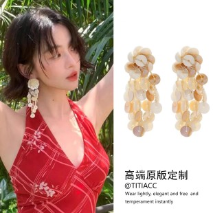 波西米亞風天然貝殼編織耳環夏日海邊度假風長款 流蘇耳釘小眾耳飾