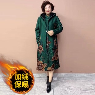 T中長款 冬季 連帽寬松大碼 中老年媽媽裝 連衣裙套 加絨加厚外套時(shí)尚