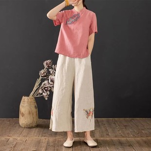 媽媽裝 女夏寬松時(shí)尚 中國(guó)民族風(fēng)復(fù)古刺繡棉麻兩件 套裝 棉麻闊腿c褲