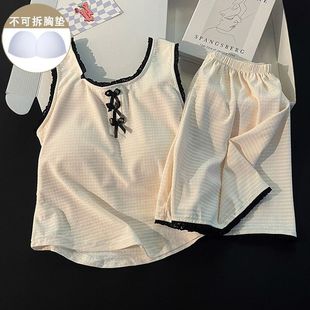 家居服外穿休閑網紅套裝 帶胸墊夏季 睡衣女方領簡約風花邊背心短褲