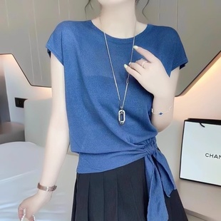 冰絲T恤女收腰系帶設(shè)計感圓領(lǐng)上衣 短袖 品牌清倉撿漏撿漏夏季 新款