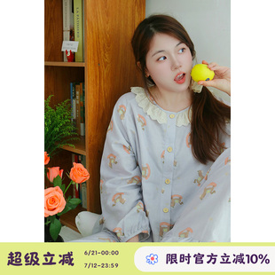 搖搖木馬～Fishhome原創奶藍花邊領純棉雙層紗長袖 睡衣2025春 長褲