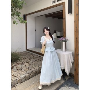 半裙大碼 胖MM遮肉顯瘦夏日穿搭套裝 襯衫 花邊短袖 減齡兩件套 女夏季