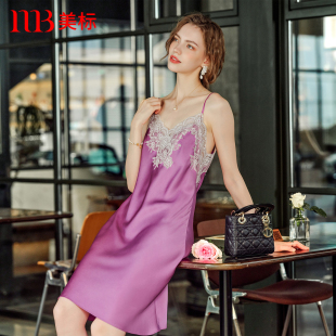 美標2025新品 真絲睡裙性感蕾絲花邊真絲睡衣100%桑蠶絲吊帶家居服