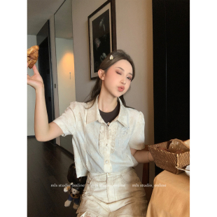 少女感 女夏季 韓系花邊短袖 高腰短裙套裝 甜美氣質(zhì)兩件套 襯衫 MLS