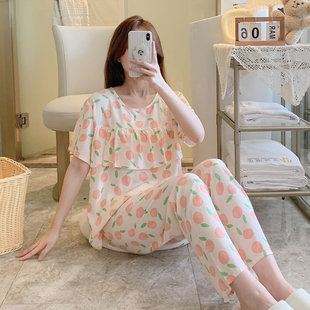 薄款 人造棉大碼 短袖 甜美套裝 外穿家居服 長褲 防凸點棉綢睡衣女夏季