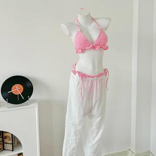 粉色分體泳衣三角提花性感比基尼bikini海邊度假純欲風(fēng) 小粉菊