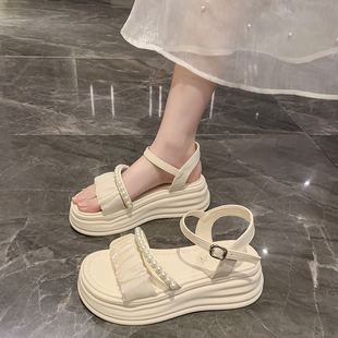 增高時尚 2025年新款 珍珠軟底仙女風配裙沙 女夏季 現貨厚底高跟涼鞋