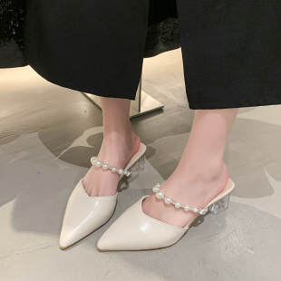 尖頭粗跟單鞋 現貨水晶高跟涼鞋 時尚 法式 高級感包頭半 女夏2025新款