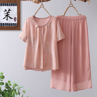 新款 套裝 中老年女裝 夏季 雪紡上衣兩件套 媽媽夏裝 時尚 洋氣國風(fēng)小衫